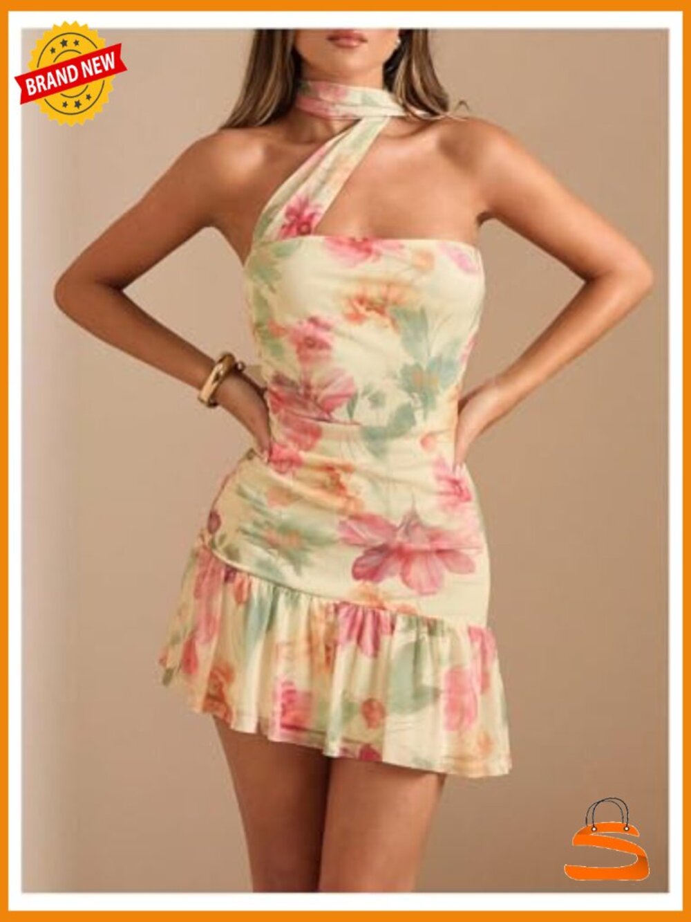Sleeveless Halter Short Dress Bodycon Ruffle with Scarf - Picture 3 of 5